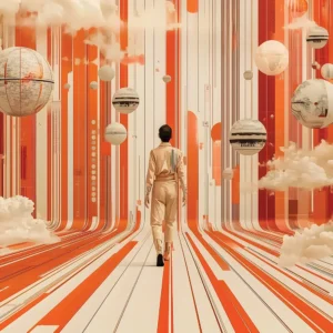 Surreal poster and canvas print with levitating spheres and clouds in a retro-futuristic orange corridor