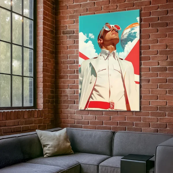 Retro-futuristic art canvas in a New York loft-style living room with red brick wall