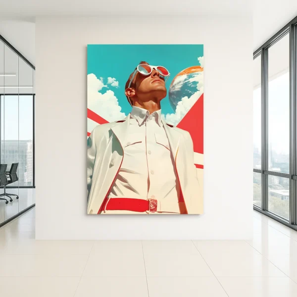 Retro-futuristic art titled '0002 Retro-futuristic Man' — a surreal design in bold colors, perfect for modern interiors.