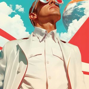 Retro-futuristic art titled '0002 Retro-futuristic Man' — a surreal design in bold colors, perfect for modern interiors.