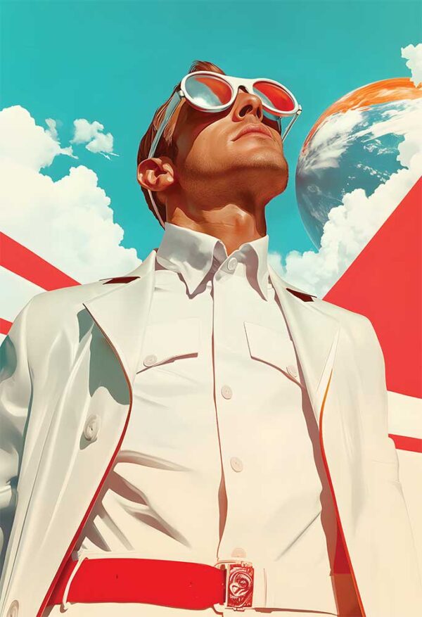 Retro-futuristic art titled '0002 Retro-futuristic Man' — a surreal design in bold colors, perfect for modern interiors.