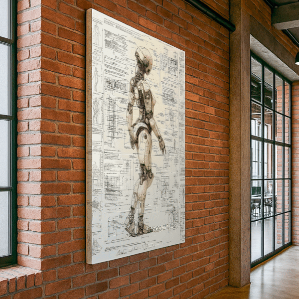 Da Vinci style drawing of a female humanoid robot inspired by renaissance anatomy sketches