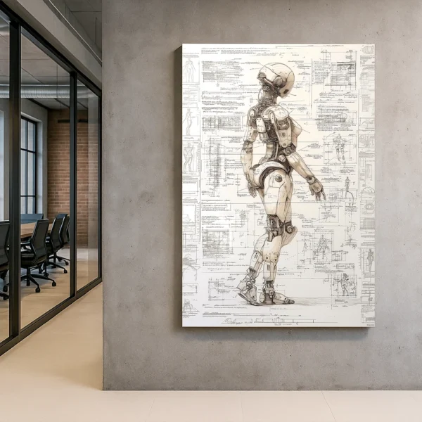 Da Vinci style drawing of a female humanoid robot inspired by renaissance anatomy sketches