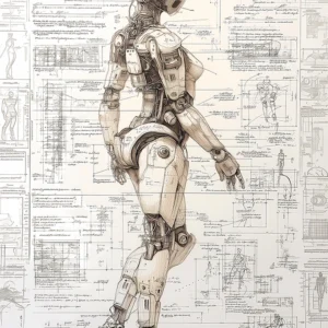 Da Vinci style drawing of a female humanoid robot inspired by renaissance anatomy sketches