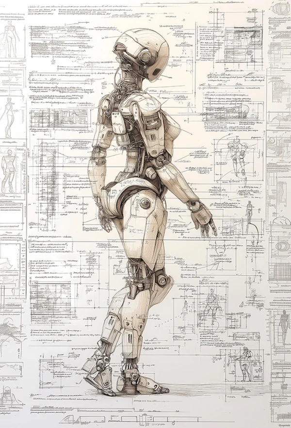 Da Vinci style drawing of a female humanoid robot inspired by renaissance anatomy sketches