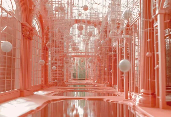 'Photon Palace' -Futuristic cathedral-like structure bathed in warm coral tones with geometric light elements suspended in the air.