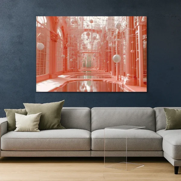 ‘Photon Palace’ canvas print displayed above a modern gray sofa against a dark textured wall.