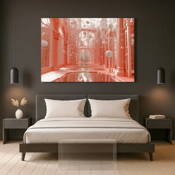 A large canvas of ‘Photon Palace’ hanging above a bed in a neutral-toned designer bedroom.