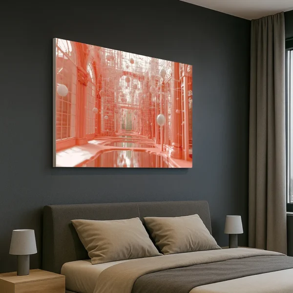 ‘Photon Palace’ hanging above a modern bed with dark walls and beige linens.