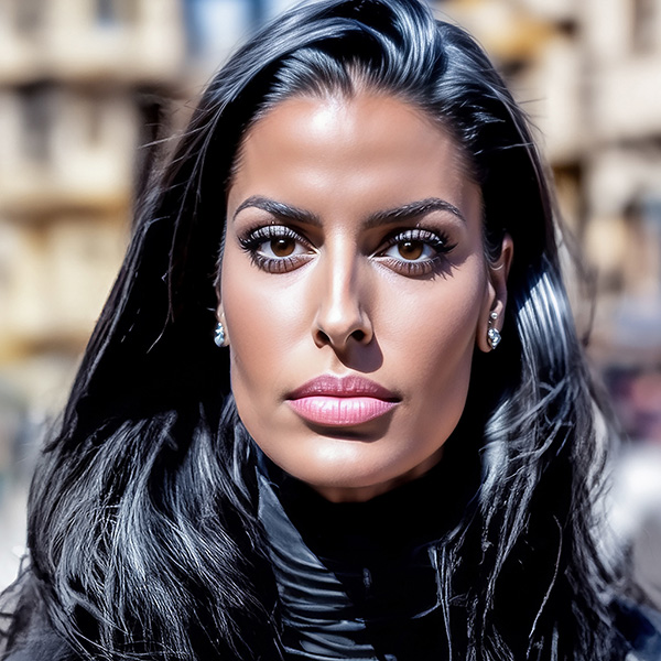 Mysterious woman in futuristic bodysuit – InU, an enigmatic figure in the AI espionage thriller "2105: The Change."