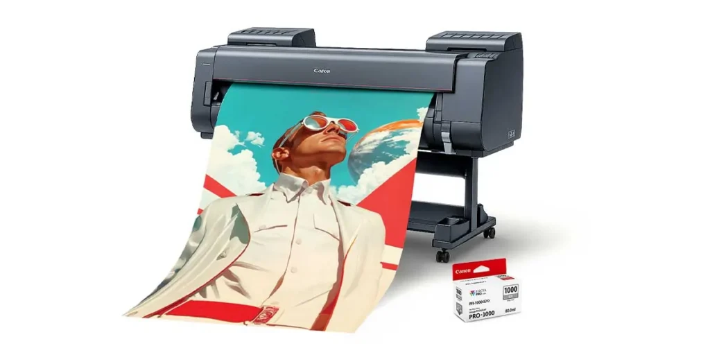 Canon printer printing a retro-futuristic artwork – high-resolution print quality