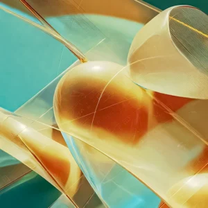 Abstract visualization of a wave function collapse with translucent shapes and glowing energy spheres in teal and amber tones.