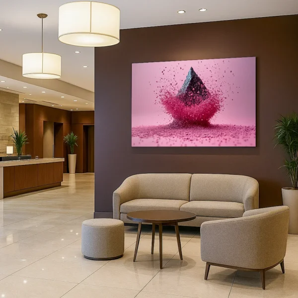 "Space-Time Compilation" displayed in a modern hotel lobby with beige furniture and a chocolate-colored accent wall.