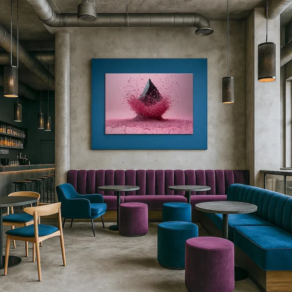"Space-Time Compilation" canvas print hanging in a modern club interior with industrial design, velvet seating, and exposed concrete walls.