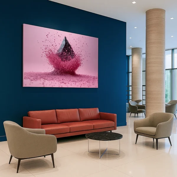 A digital artwork titled 'Space-Time Compilation' displayed in a modern hotel lounge with blue walls and a leather sofa.
