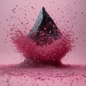 Space-time inspired abstract composition – Exploding pyramid made of pink digital cubes against a soft pink background.