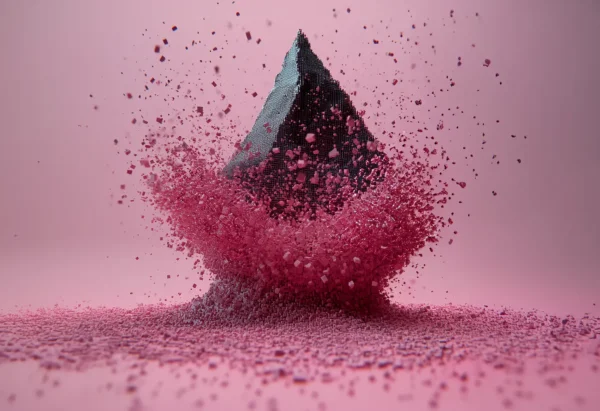 Space-time inspired abstract composition – Exploding pyramid made of pink digital cubes against a soft pink background.