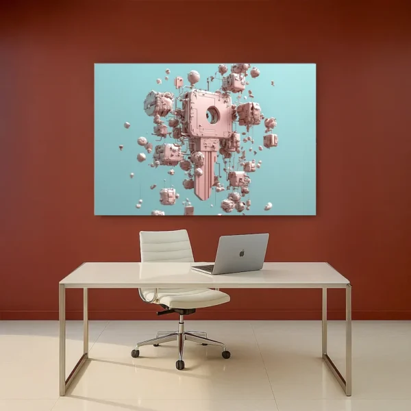 ‘Key Organism’ — a surreal fusion of biocybernetics and digital structure — mounted on a wall behind a sleek white desk.