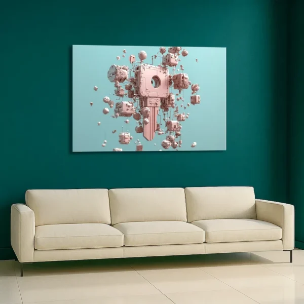 A modern living room with a deep teal wall featuring the artwork ‘Key Organism,’ a surreal depiction of bio-digital integration rendered in rose gold against a cyan background.