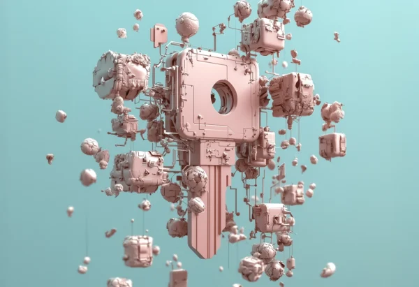 Key Organism — a surreal digital artwork featuring a biomechanical loop structure with organic textures, encircling itself like a synthetic organism. A tiny human figure stands on one of the upper bands next to a pole.