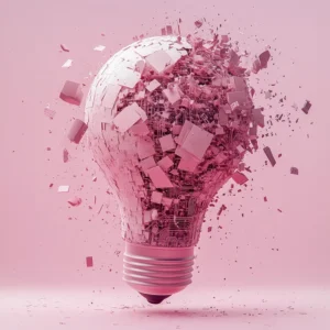 Exploding light bulb made of circuitry and pink fragments, symbolizing the collapse of outdated systems and the rise of bold new ideas.