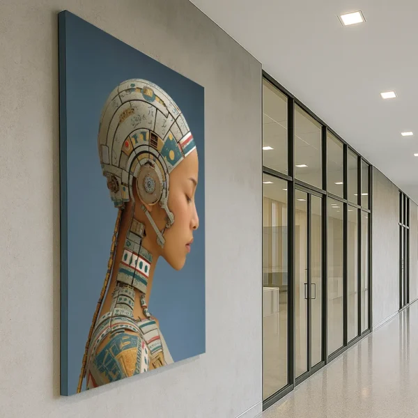 Futuristic artwork featuring a cybernetic woman, centrally displayed in a modern office hallway with natural light and tiled floors.