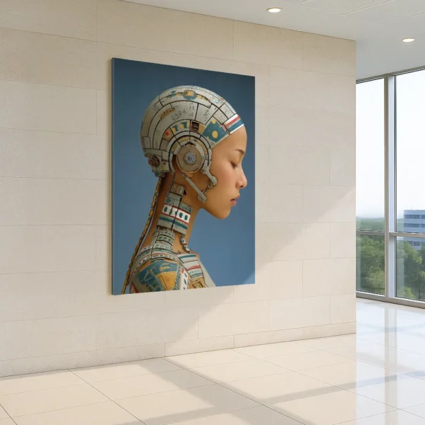 Futuristic artwork featuring a cybernetic woman, centrally displayed in a modern office hallway with natural light and tiled floors.