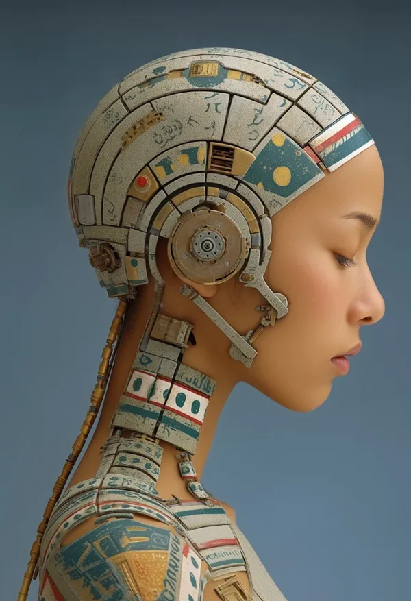 Side profile of a young woman integrated with intricate cybernetic elements, symbolizing the fusion of humanity and digital life.