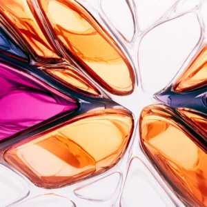 "Entropy Bloom". Close-up of a surreal abstract structure in orange, magenta, and violet, resembling fluid glass petals in motion.