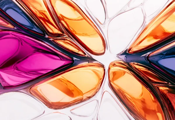 "Entropy Bloom". Close-up of a surreal abstract structure in orange, magenta, and violet, resembling fluid glass petals in motion.