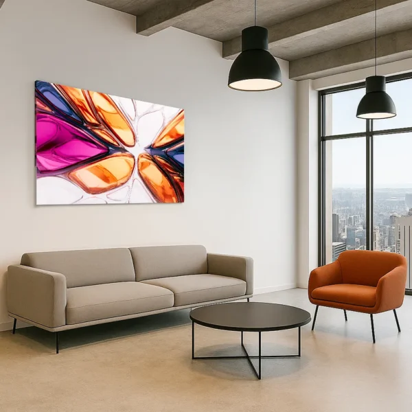 A futuristic digital artwork titled ‘Entropy Bloom’ showcased in a Manhattan creative agency with a panoramic city view.