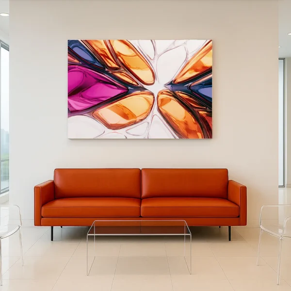 A surreal canvas print titled ‘Entropy Bloom’ above a cinnabar-orange leather sofa in a bright, stylish office lounge.