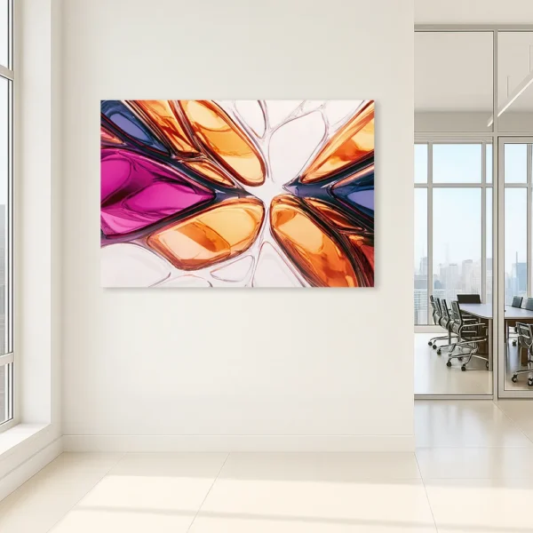 'Entropy Bloom' mounted on a clean white office wall. The artwork features vivid glass-like forms in pink, orange, and blue tones, resembling a blooming pattern. City view and a modern conference room visible through tall windows.