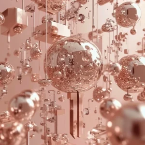 0013 – Key Algorithm. Futuristic surreal artwork in rose gold featuring floating spheres and digital structures
