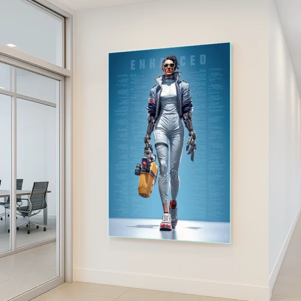 Heroine Enhanced canvas in a bright modern office space with city view, showcasing a cyberpunk woman with robotic arms in AI-powered techwear.