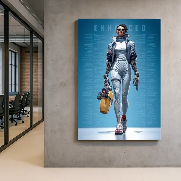 Heroine Enhanced sci-fi poster mounted in a minimalist white corridor with glass-walled meeting room, featuring a synth-female figure in futuristic fashion.