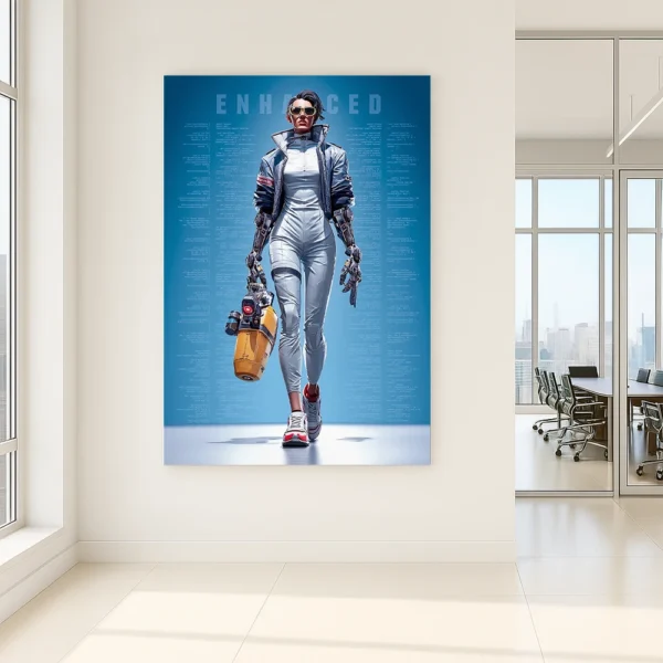 Futuristic woman in cybernetic gear printed on canvas and displayed on a concrete wall in a tech-driven industrial workspace.
