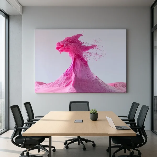 'Data Volcano' canvas print displayed in a modern creative agency meeting room with concrete walls, wood flooring, and transparent Panton chairs.