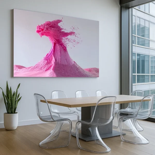 Data Volcano canvas print displayed in a modern creative agency meeting room with concrete walls, wood flooring, and transparent Panton chairs.