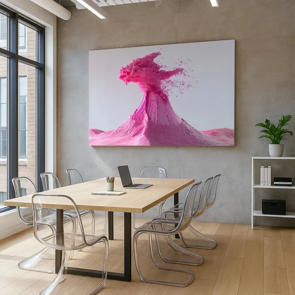 Data Volcano canvas in a light-filled office interior with floor-to-ceiling windows, wooden table, and clear Panton chairs.