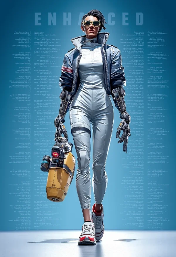 Heroine Enhanced - a cyberpunk female cyborg with robotic arms and futuristic gear walking against a background of glowing code