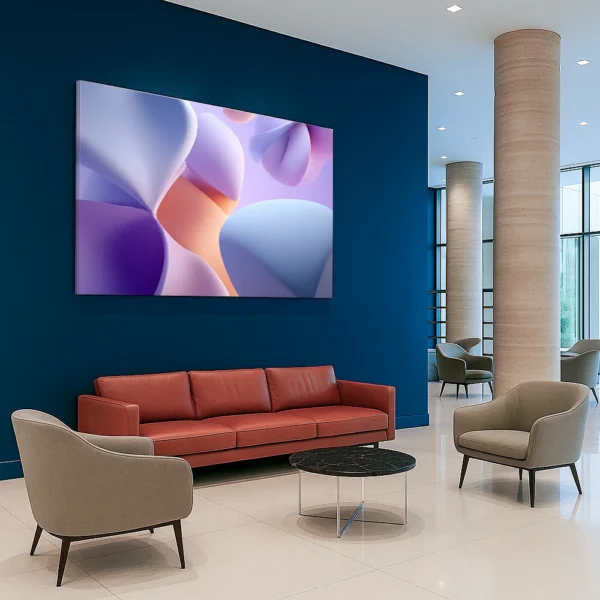Large abstract canvas print titled ‘Soft Wear’ displayed on a dark blue wall in a contemporary office lounge, with a red leather sofa, beige armchairs, and polished tile flooring.