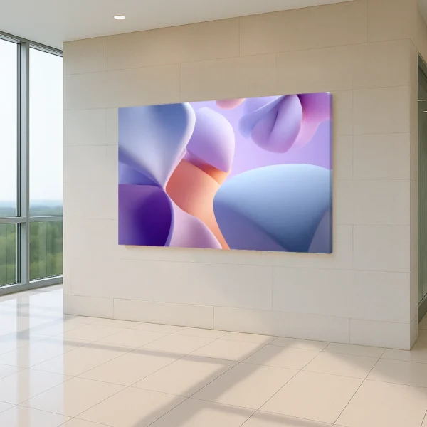 Large pastel-colored abstract canvas print titled ‘Soft Wear’ displayed on a light stone wall in a modern hotel lobby with glossy tile floors and full-height windows.
