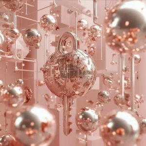 0018 – Key Algorithm II. Futuristic surreal artwork in rose gold featuring floating spheres and digital structures