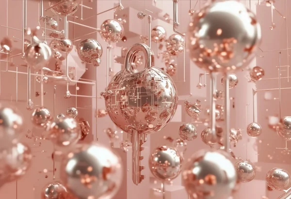 0018 – Key Algorithm II. Futuristic surreal artwork in rose gold featuring floating spheres and digital structures
