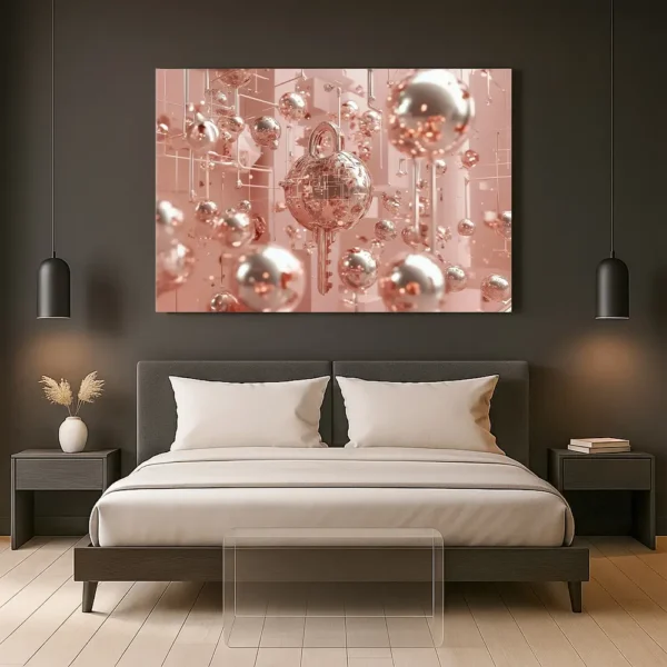 'Key Algorithm II' artwork displayed above a modern low-profile bed with dark walls and pendant lighting, creating a bold yet serene bedroom atmosphere.