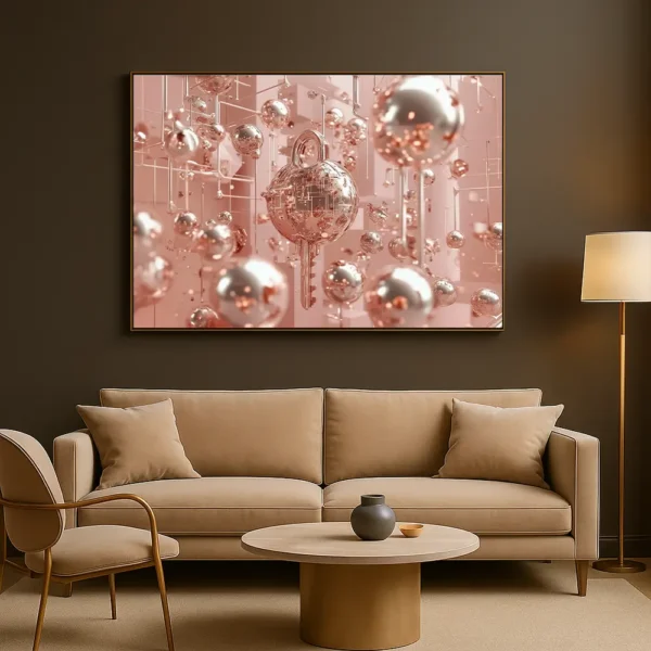 'Key Algorithm II' artwork showcased above a taupe velvet sofa in a dark-wall interior with warm lighting and gold accent furniture.