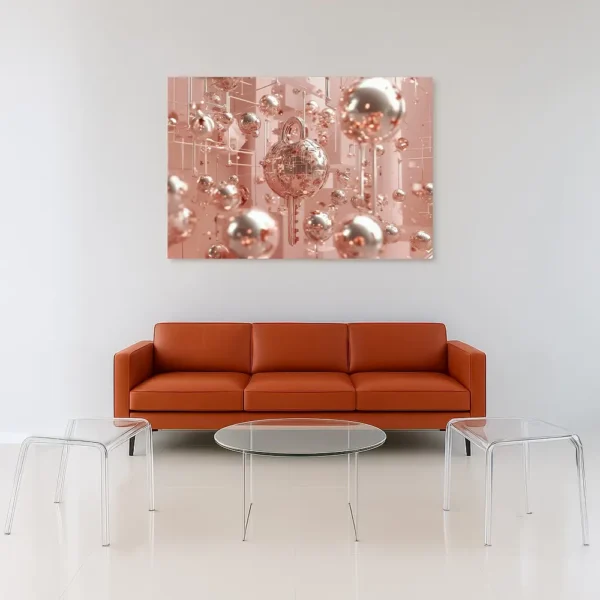 Key Algorithm II canvas displayed in a minimalist white living room with a red-brown leather sofa and glass coffee tables.