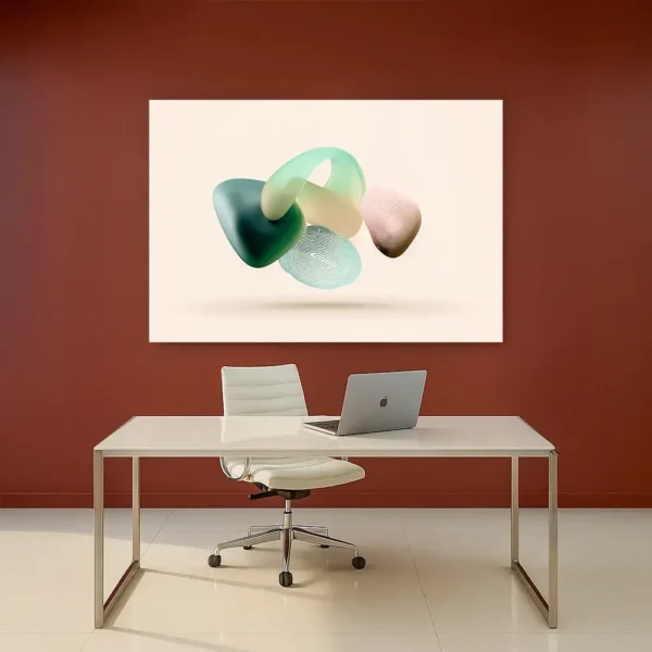 'Touch ID’ — a surreal fusion of biocybernetics and digital structure — mounted on a wall behind a sleek white desk.