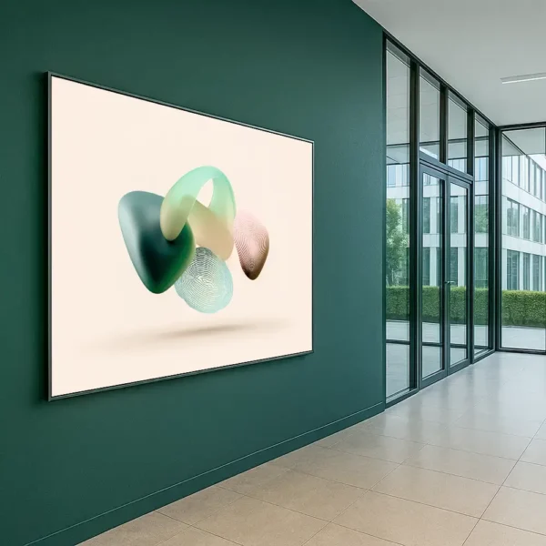 Touch ID artwork displayed in a modern office lobby with dark green walls and large windows